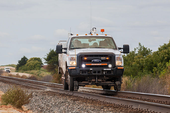 A hyrail vehicle, four of which are equipped with LiDAR technology